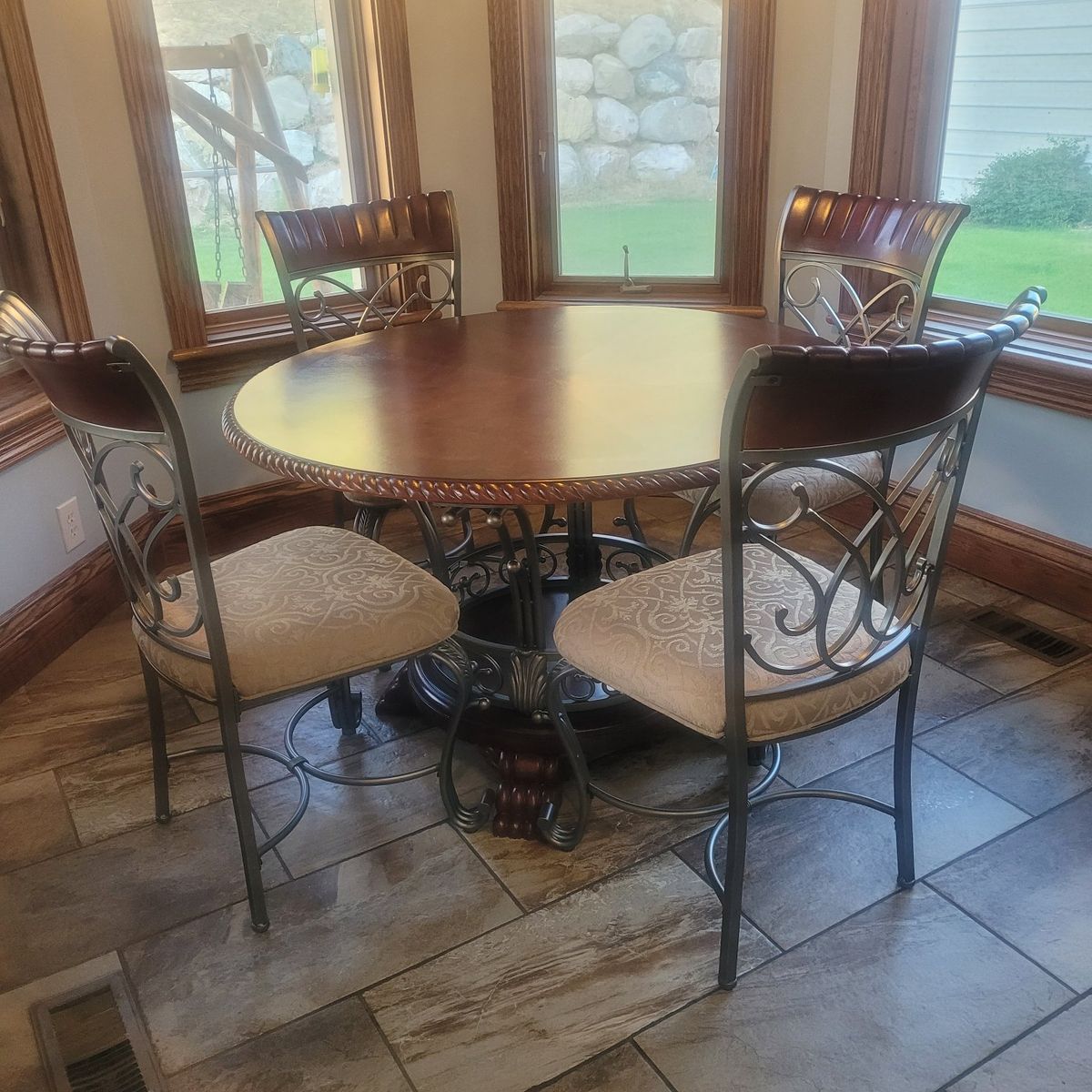 Round Wood & Metal Dining Table with 4 Upholstered Chairs