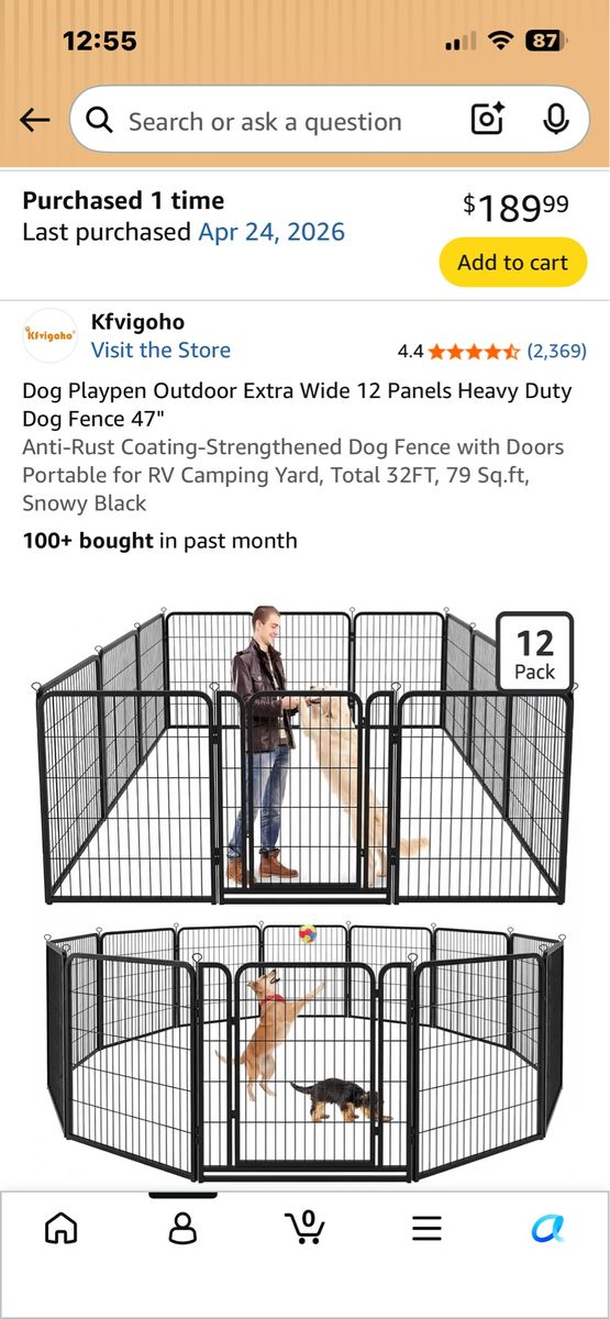 Kfvigoho Dog Playpen Outdoor Extra Wide 12 Panels Heavy Duty Dog Fence 47"