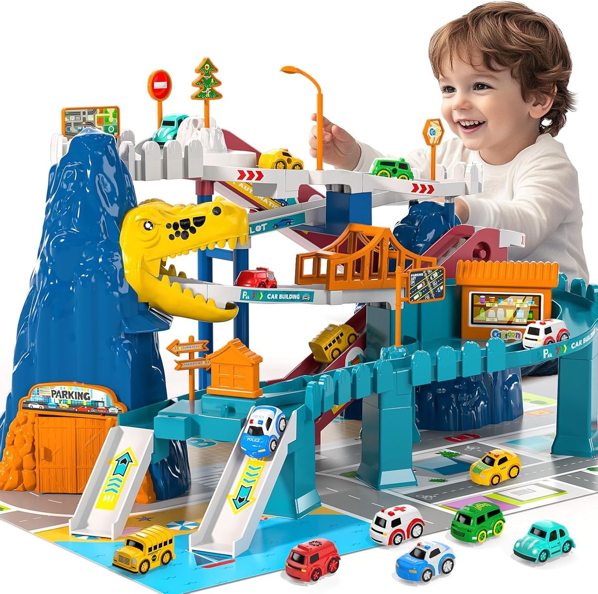 NEW Dinosaur Race Car Tracks for Toddlers 2-4 Years, Dinosaur Climbing Hills Railcar, Toy Car Track Play Set with 7 Small Cars