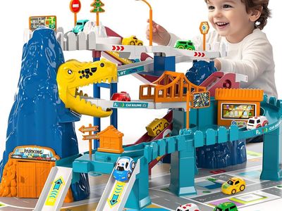 NEW Dinosaur Race Car Tracks for Toddlers 2-4 Years, Dinosaur Climbing Hills Railcar, Toy Car Track Play Set with 7 Small Cars