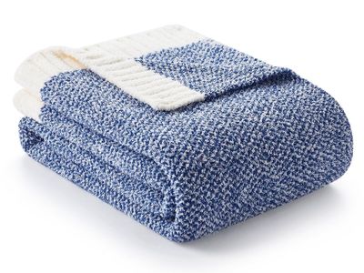 Cozy Blue & White Knit Throw Blanket - Soft & Reversible for Couch or Bed Decor