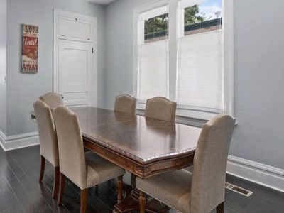 6-9ft Ornate Wood Dining Table with Two Extension Leaves, 2 Pedestal Bases - Chairs also available