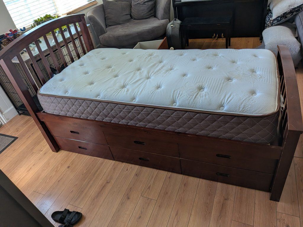 Brown Wooden Twin Captain's Bed with Storage Drawers and Slats. Mattress included.