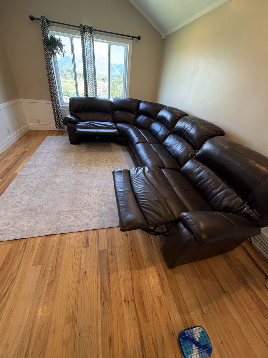 Large Brown Leather Power Reclining Sectional Sofa & Matching Oversized Recliner Chair
