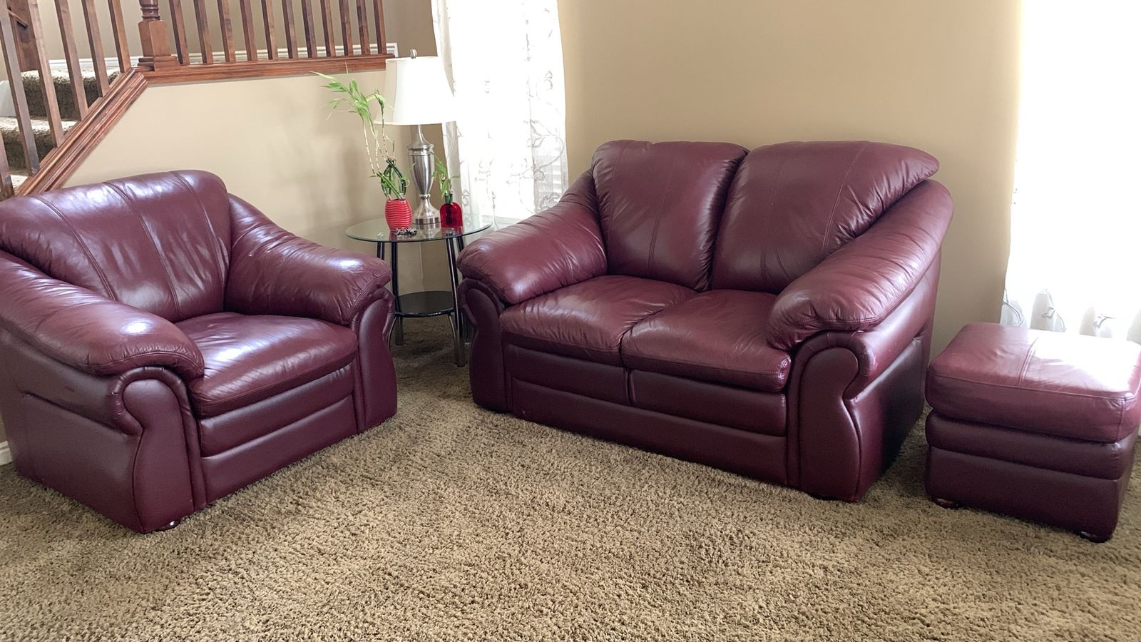Free!-Maroon Faux Leather Loveseat, Armchair, and Ottoman Set (cut in back)