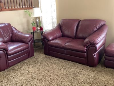 Free!-Maroon Faux Leather Loveseat, Armchair, and Ottoman Set (cut in back)