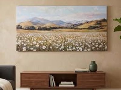 BRAND NEW Large Serene Landscape Wall Art – Field of White Flowers – New in Packaging 47”x23.5”