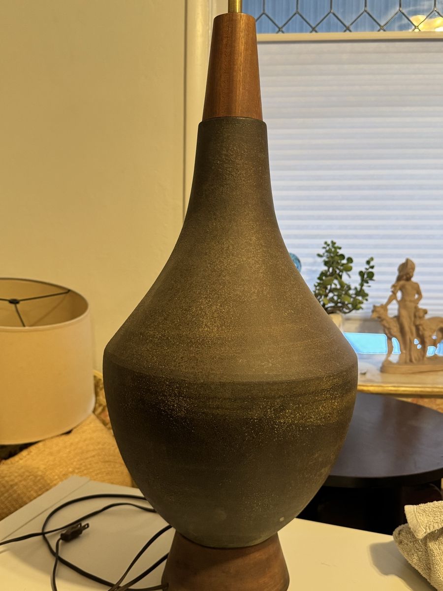 Vintage MCM Mid-Century Modern Textured Table Lamp with Wood Accents