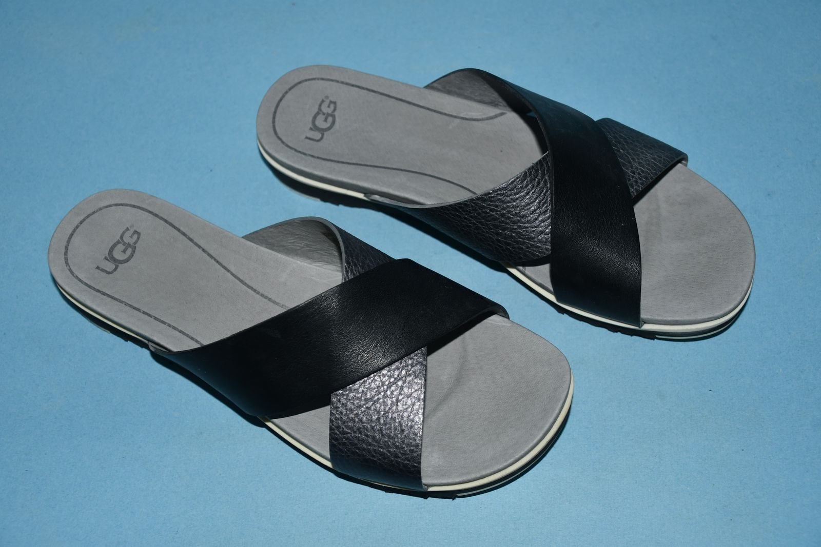 NWOB WOMEN'S UGG LEATHER SANDALS ~ SIZE 8 ~ BLACK & METALLIC ~ CRISS CROSS ~ HEEL HEIGHT 1.25"