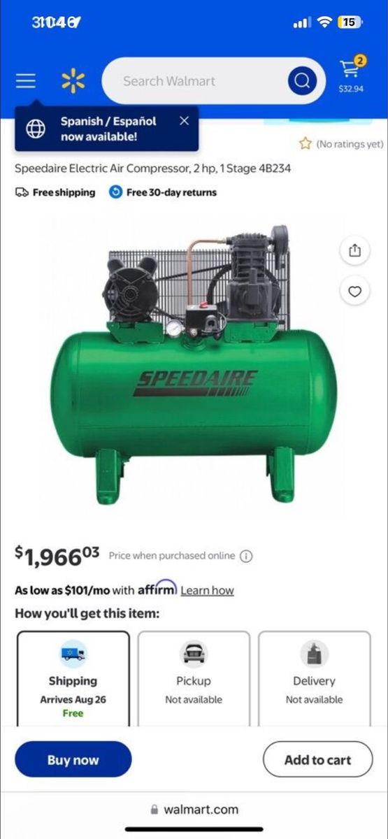 Speedaire Electric Air Compressor, 2 hp, 1 Stage 4B234