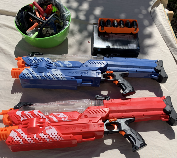 pair of nerf nemesis with battery pack, darts and googles
