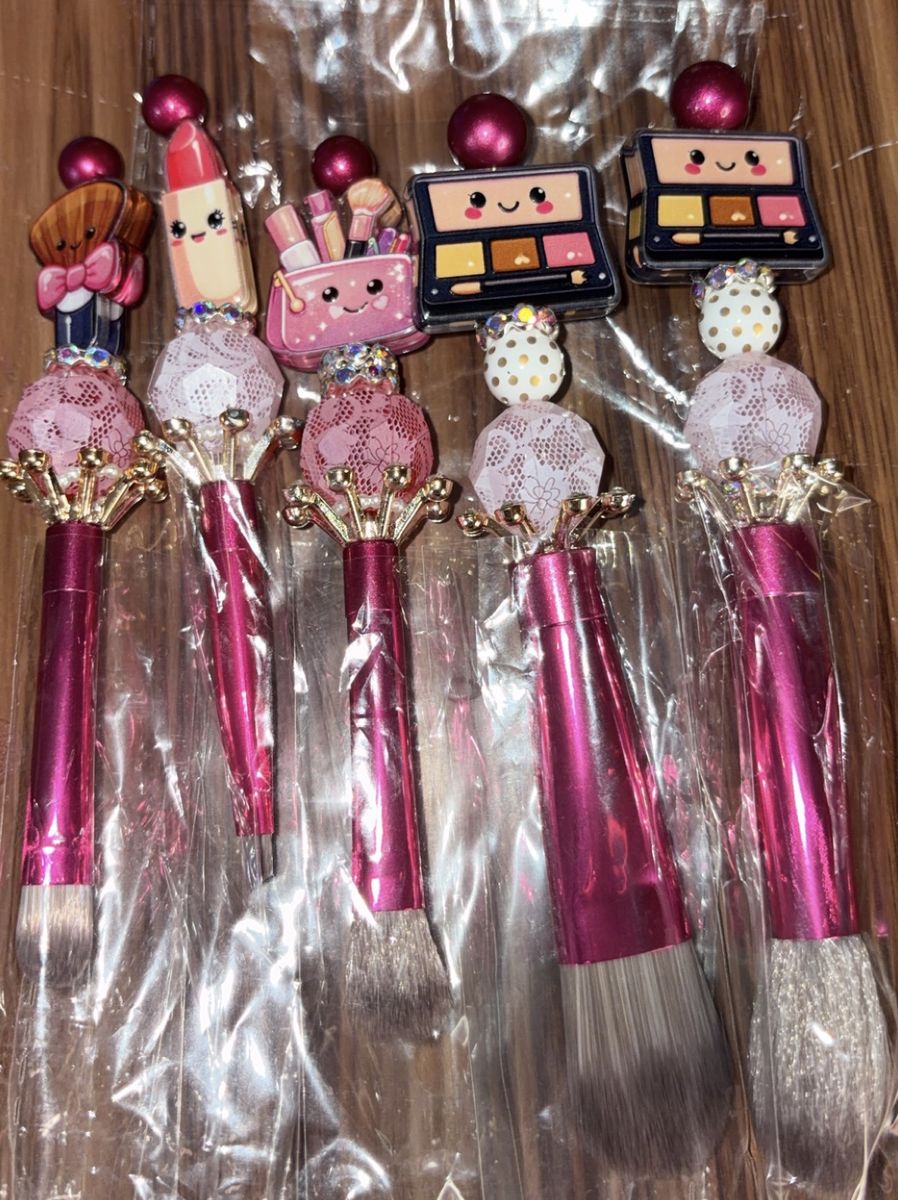 Decorative Beaded Makeup Brush Sets - Pink & Coffee Theme