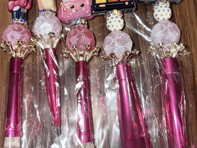 Decorative Beaded Makeup Brush Sets - Pink & Coffee Theme