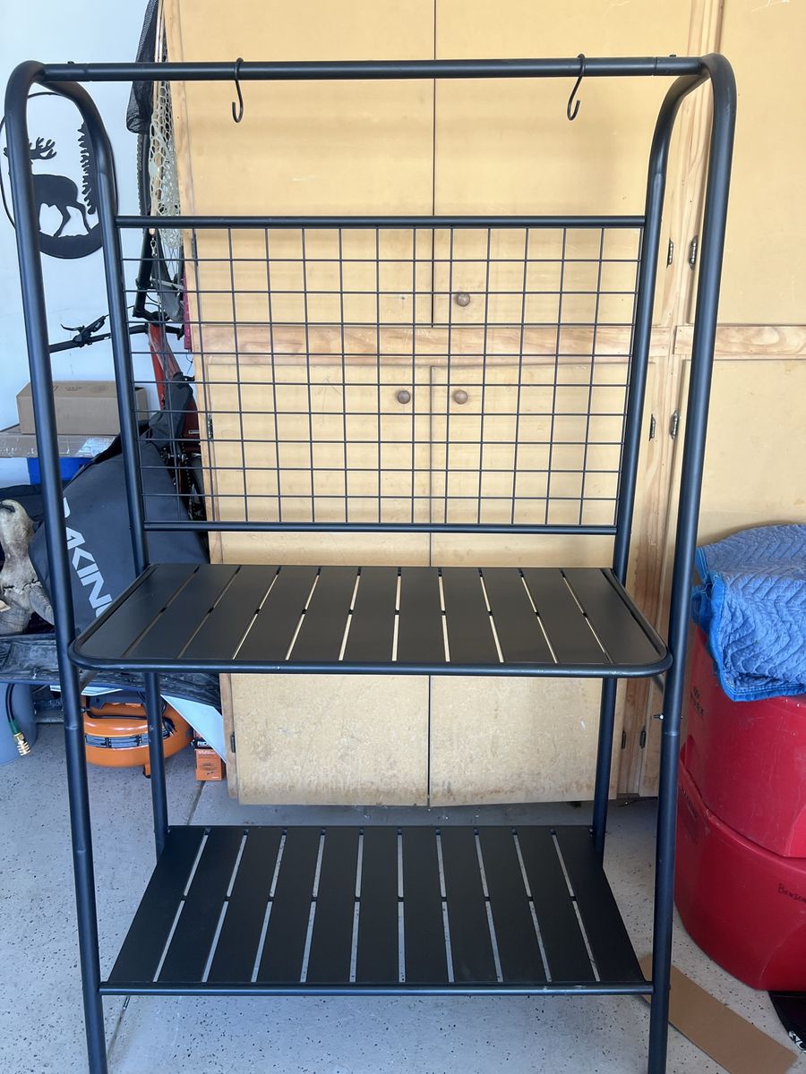 Black Metal Storage Rack with 2 Slatted Shelves & Grid Back, Hooks, Versatile Organization - 42” W x 70” H x 20” D