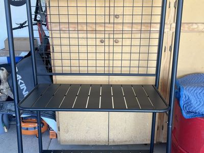 Black Metal Storage Rack with 2 Slatted Shelves & Grid Back, Hooks, Versatile Organization - 42” W x 70” H x 20” D