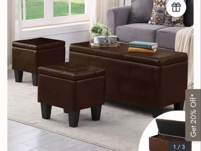 Large Storage Ottoman Bench Set 3-in-1 Combination Brown Upholstered Tufted