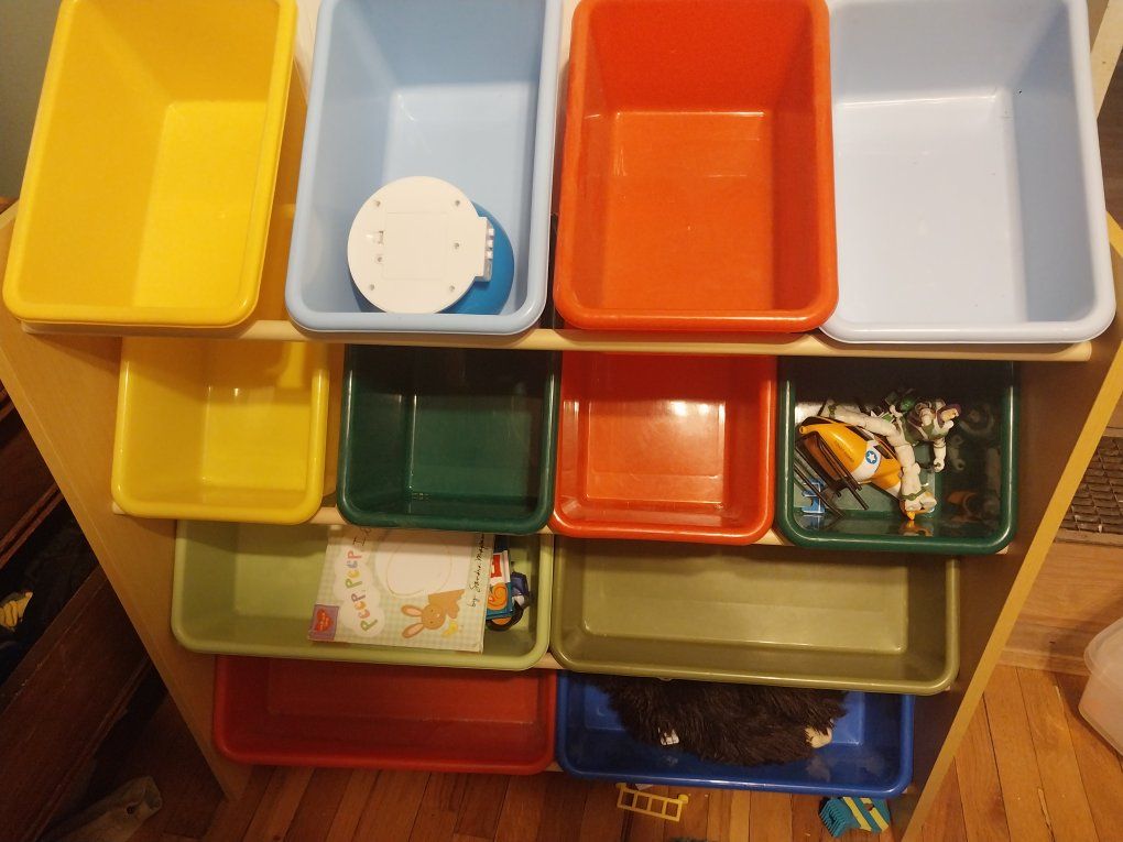 Kids' Wooden Toy Storage Organizer with Colorful Plastic Bins, Multi-Size