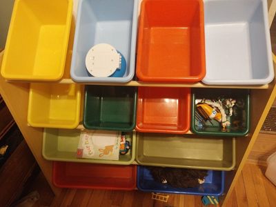 Kids' Wooden Toy Storage Organizer with Colorful Plastic Bins, Multi-Size