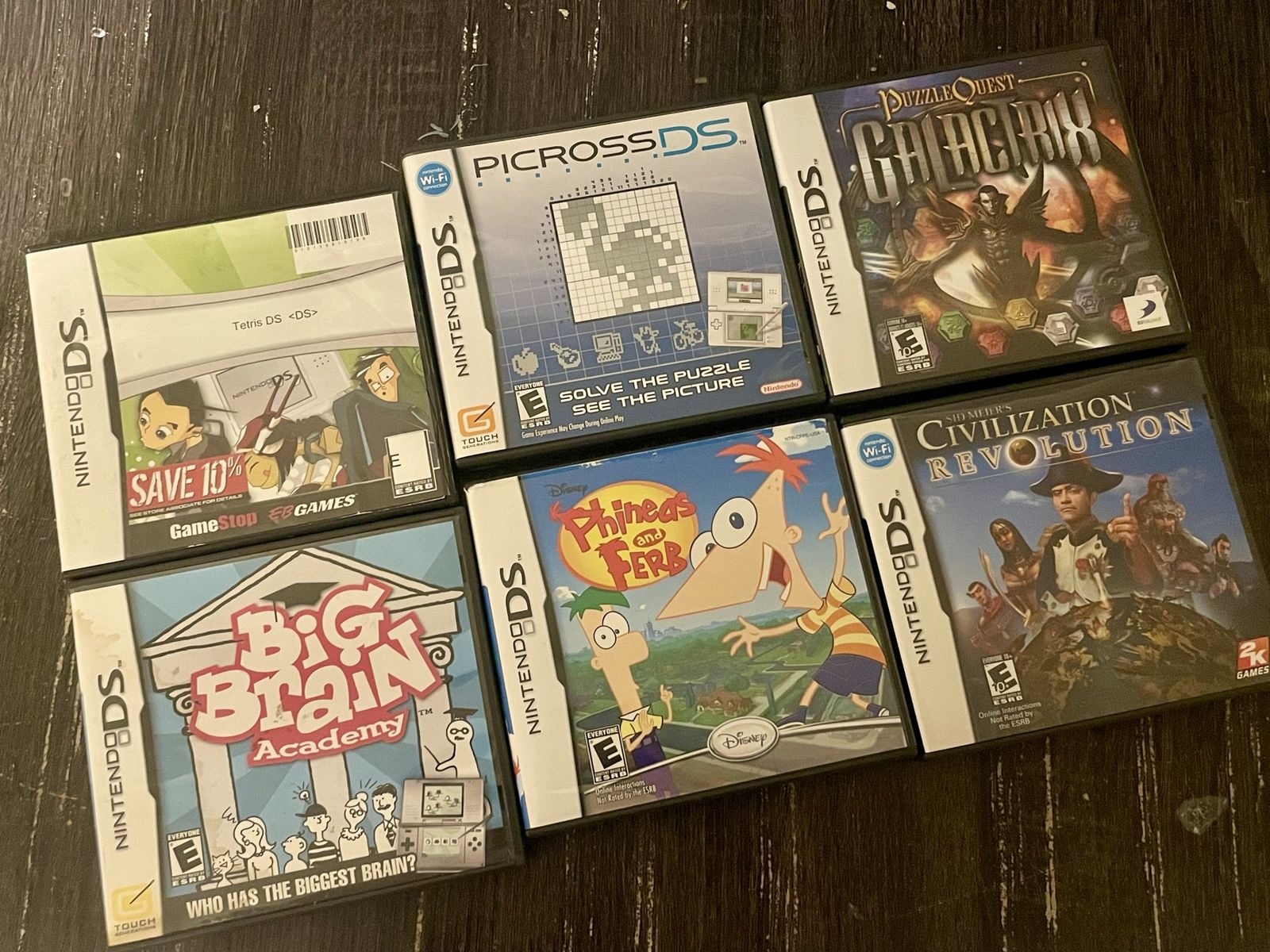 Nintendo DS Game Lot: Tetris DS, Big Brain Academy, Picross DS, Puzzle Quest, Phineas & Ferb, Civ Revolution