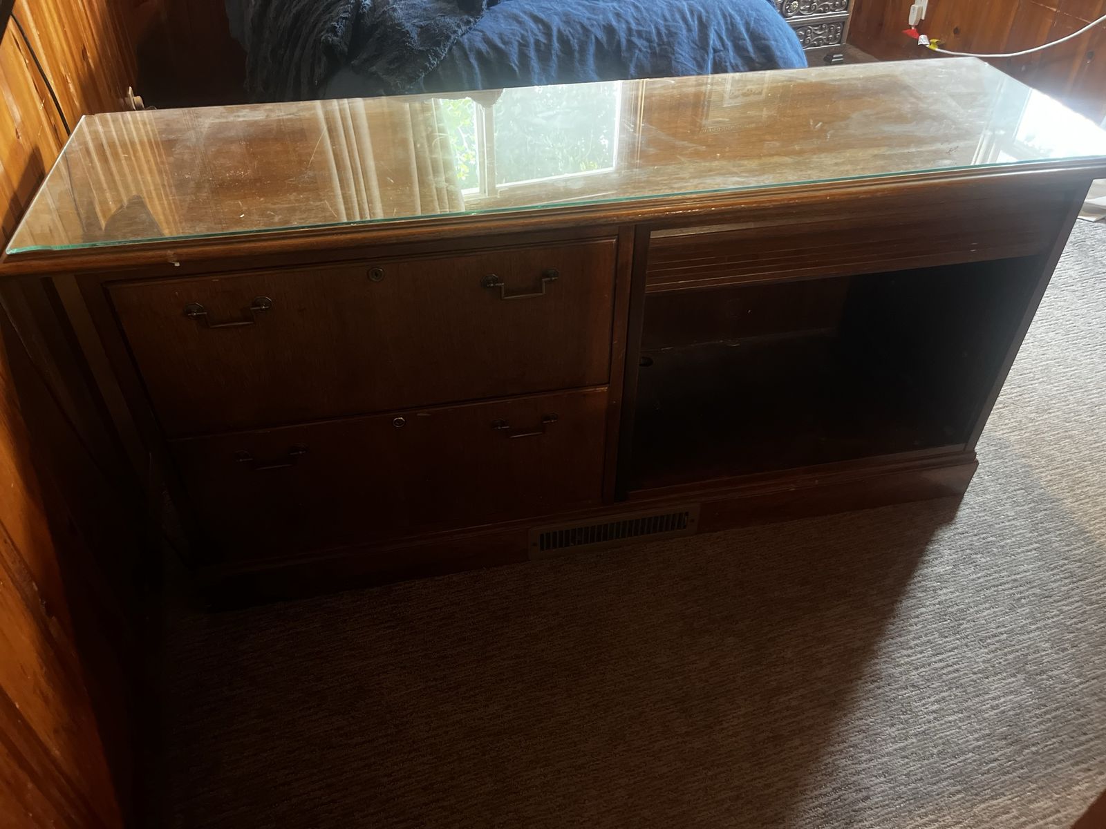 Wooden Media Console with Glass Top, 2 Drawers, and Open Shelving - Versatile Storage