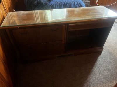 Wooden Media Console with Glass Top, 2 Drawers, and Open Shelving - Versatile Storage