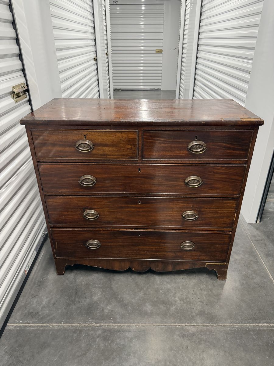 Antique Dark Wood Dresser with 5 Drawers and Brass Pulls - Vintage Furniture