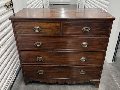 Antique Dark Wood Dresser with 5 Drawers and Brass Pulls - Vintage Furniture