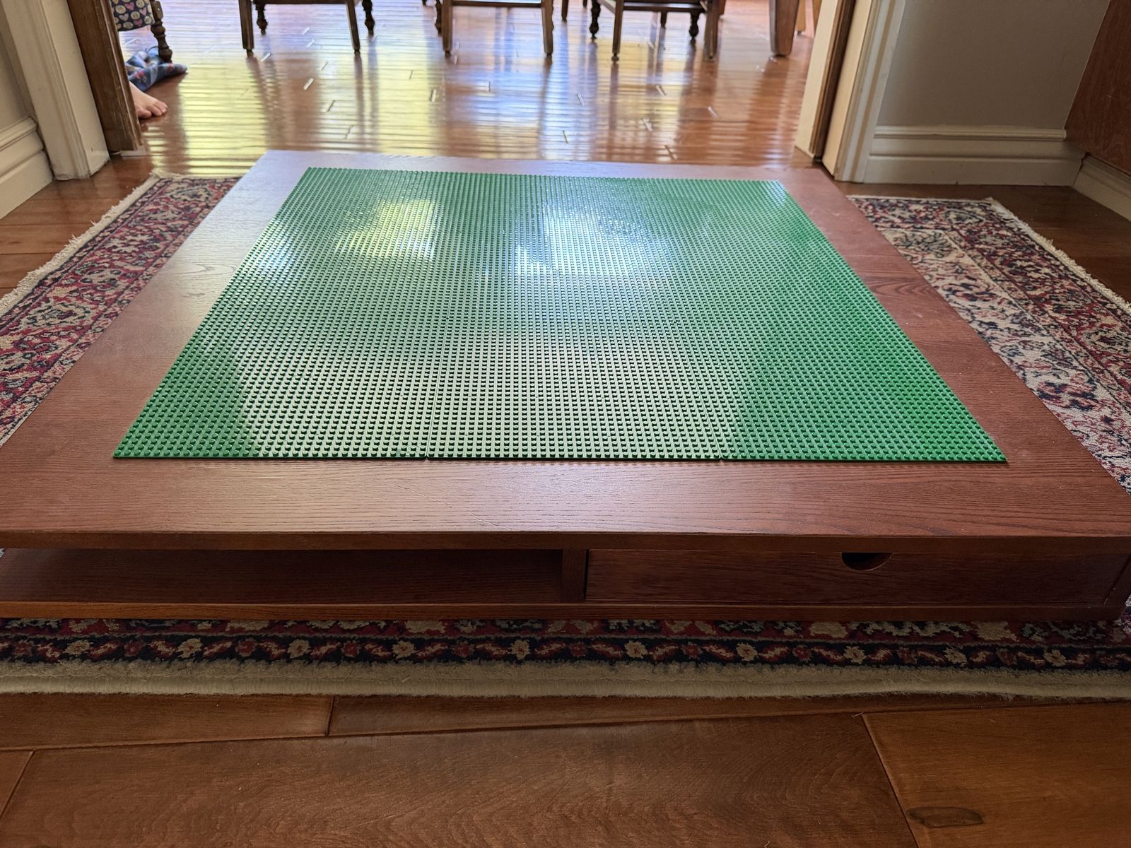 Wooden Play Table top with Built-In Storage Drawers & Green Lego-compatible Building Plates