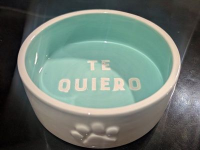 Ceramic Pet Bowl Light Teal & White with 'TE QUIERO' & Paw Print Motif