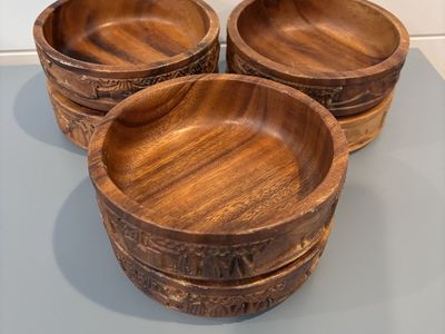 Set of 6 Vintage Carved Monkey Pod Wood Bowls
