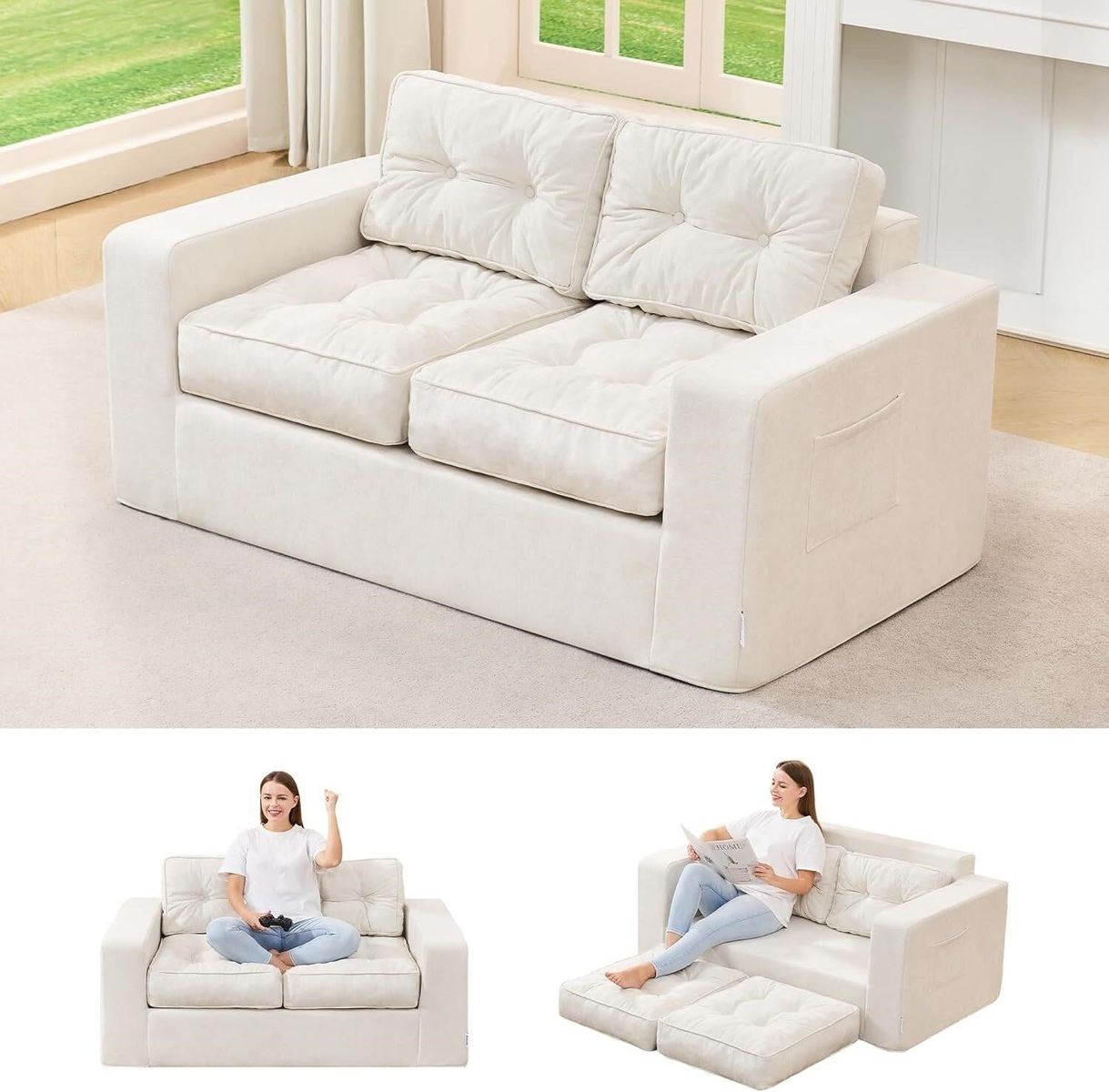 Hobestluk 2-in-1 Chenille Sofa Loveseat Beige