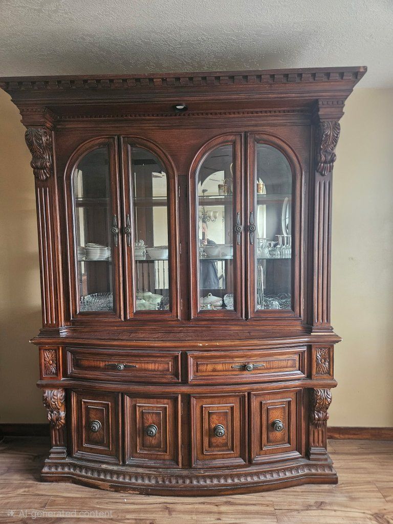 Ornate Traditional Dark Wood China Cabinet with Glass Doors & Storage - Intricate Carvings