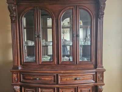 Ornate Traditional Dark Wood China Cabinet with Glass Doors & Storage - Intricate Carvings