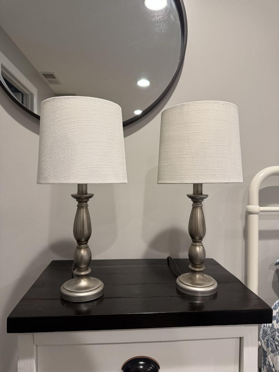 Pair of Matching Table Lamps - Brushed Silver Base & White Linen Shades