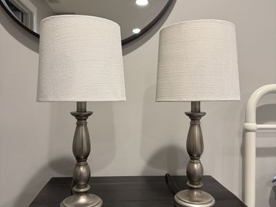 Pair of Matching Table Lamps - Brushed Silver Base & White Linen Shades