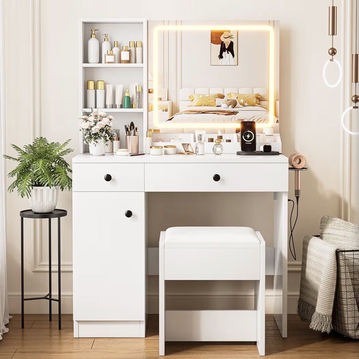 White Vanity Desk w/ Lighted Mirror, USB, Outlets, & Storage - 39.4 W x 15.75 D x 60” H ( No chair included )