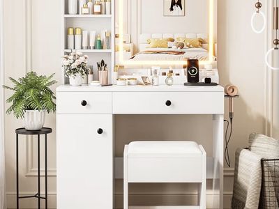 White Vanity Desk w/ Lighted Mirror, USB, Outlets, & Storage - 39.4 W x 15.75 D x 60” H ( No chair included )
