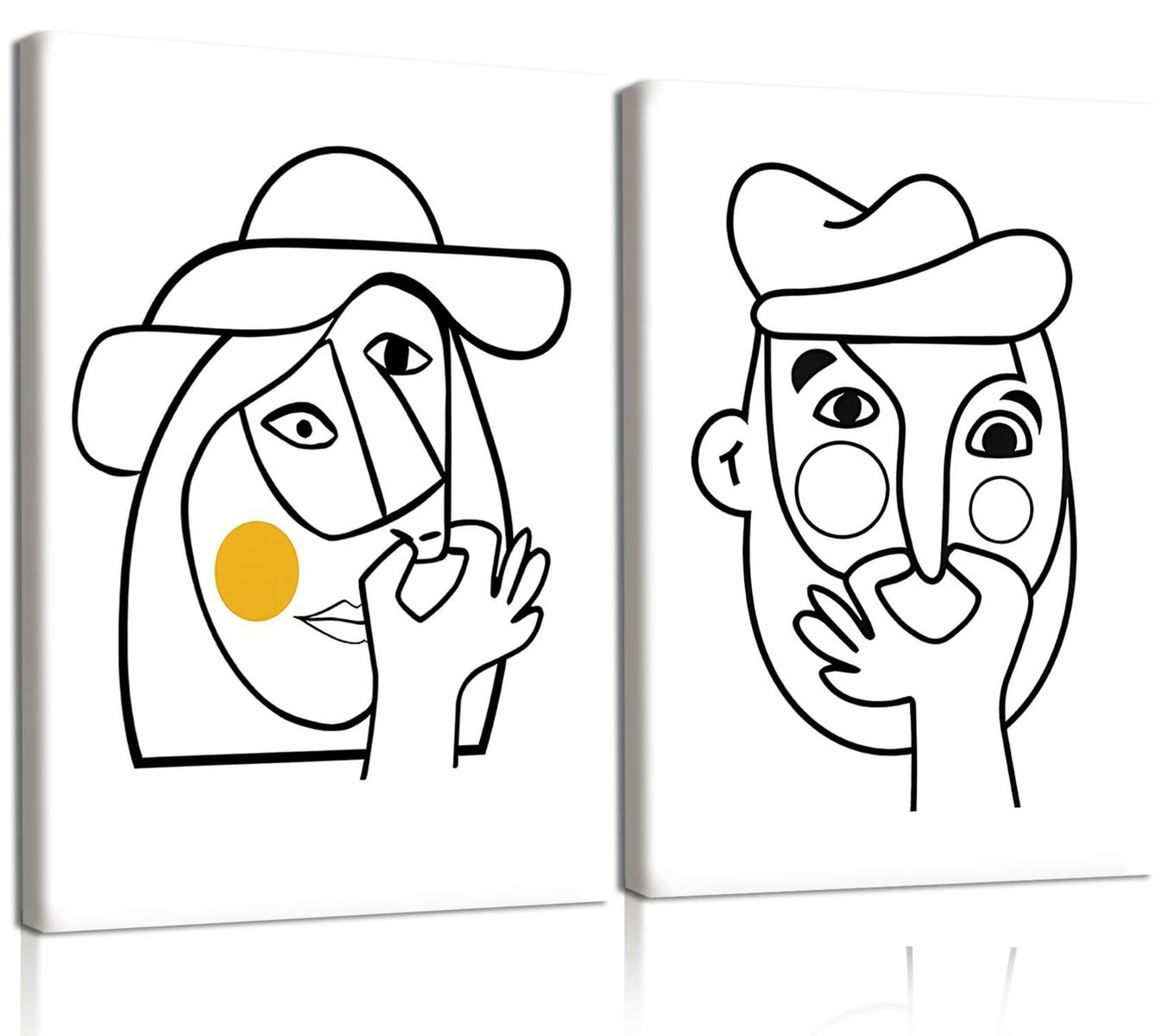 Minimalist Abstract Canvas Wall Art Prints - Black Line Art with Yellow Accent - Set of 2