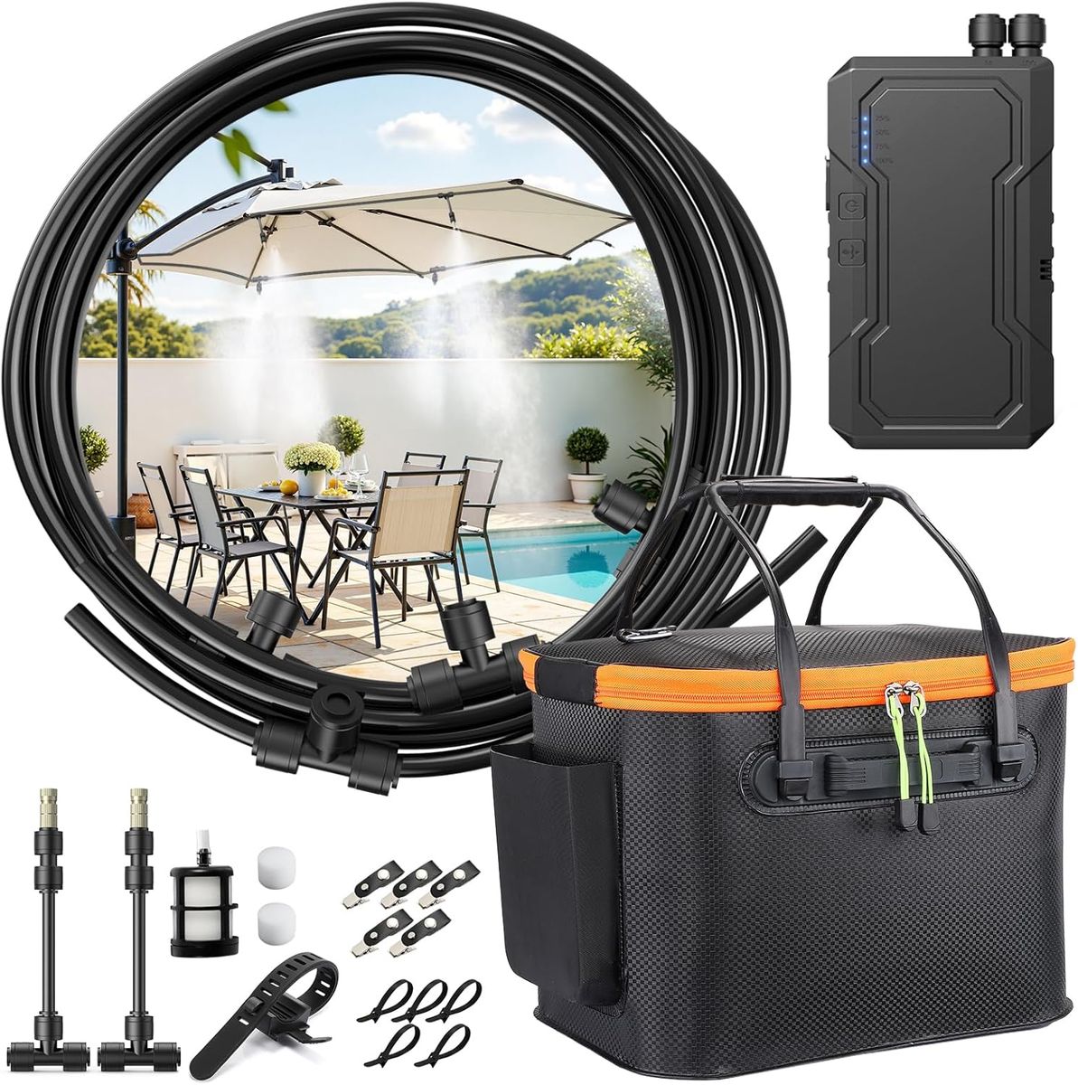 NEW Ausic Portable Misting Systems, Outdoor Water Cooling Misters Set with 6000mAh Water Pump, 20L Bucket, 26FT (8M) Hose