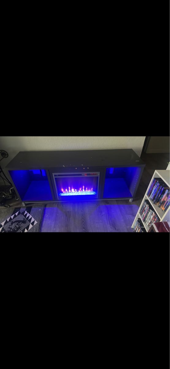 Electric Fireplace Media Console - Modern Black TV Stand with LED Fire & Storage