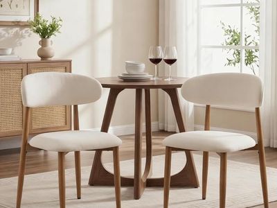 Modern Mid-Century Upholstered Dining Chairs - Set of 2, Beige Cushion & Wood Grain Finish