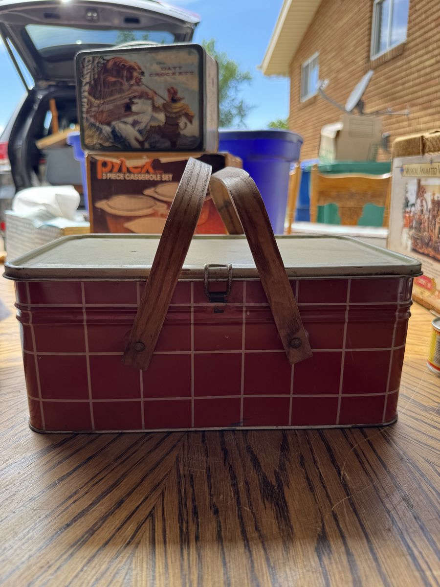 Vintage Metal Red Gingham Picnic Basket with Wood Handles - Rustic Charm & Storage