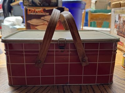 Vintage Metal Red Gingham Picnic Basket with Wood Handles - Rustic Charm & Storage