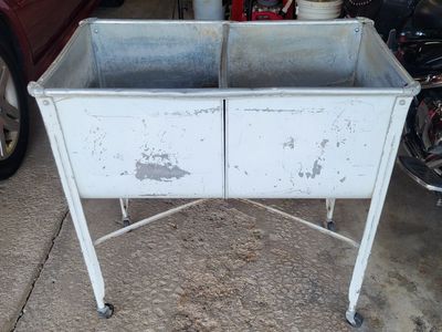 Vintage Metal Double Basin Wash Tub on Casters - Laundry Room Utility Sink with Stand
