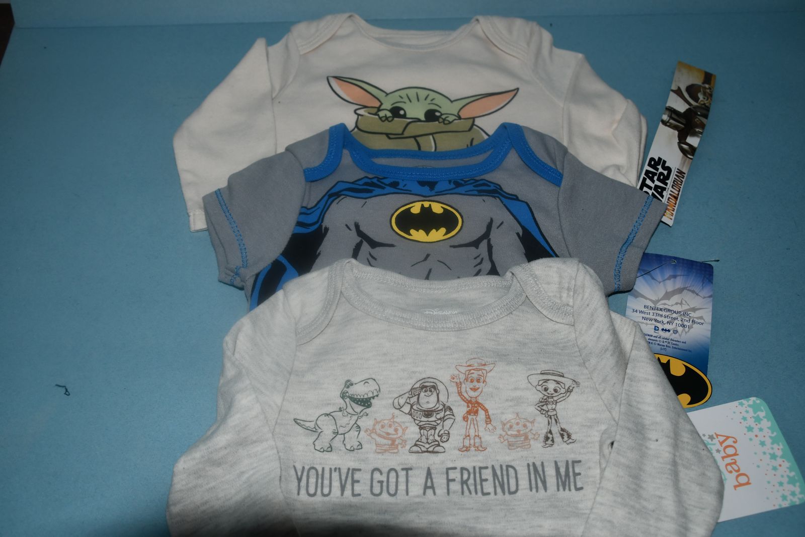 3 NWT BABY ONESIES ~ BATMAN ~ STAR WARS ~ TOY STORY ~ SIZE 3 to 6 MONTHS ~ ALL FOR $5