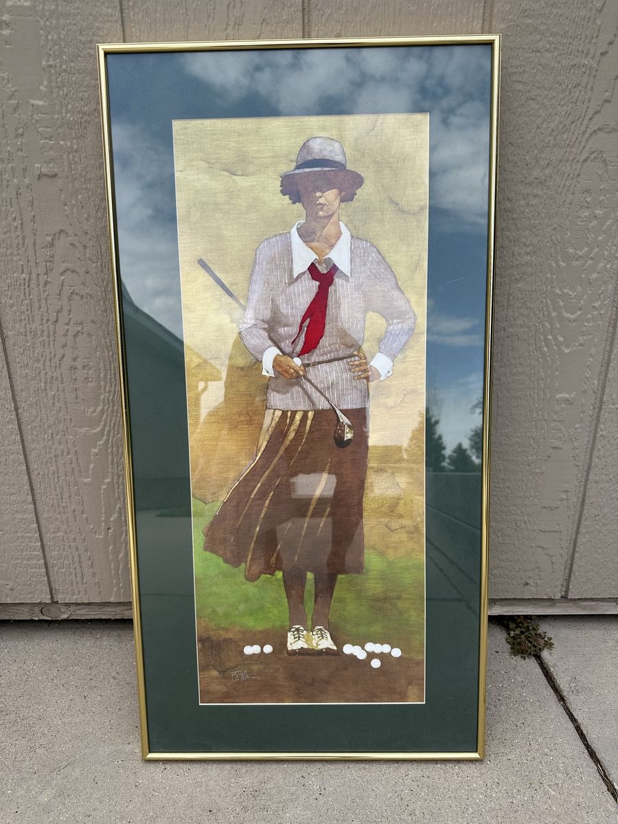 Framed Golfing Woman Print - Gold Frame, Dark Green Mat - 1.5 ft x 2.ft 10