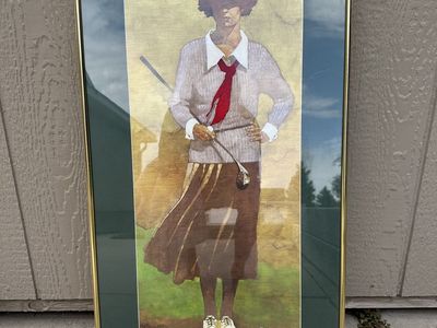 Framed Golfing Woman Print - Gold Frame, Dark Green Mat - 1.5 ft x 2.ft 10
