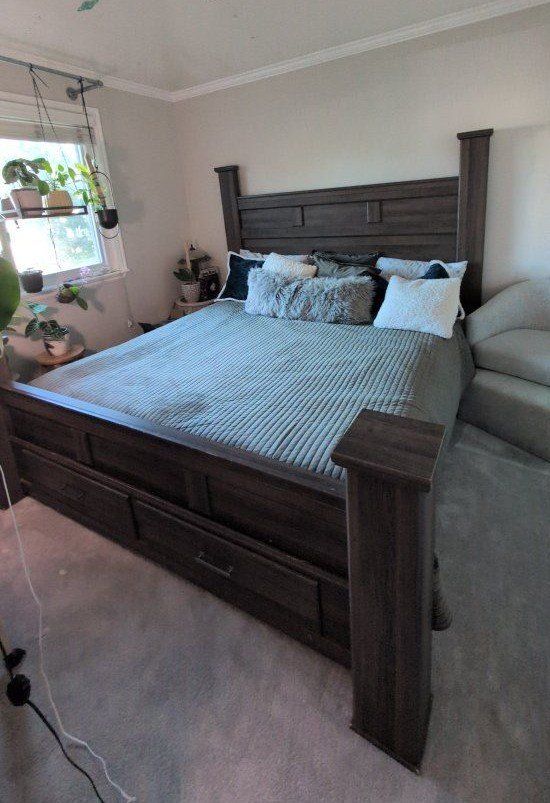 Dark Wood Storage Bed Frame with High Headboard and Footboard Drawers