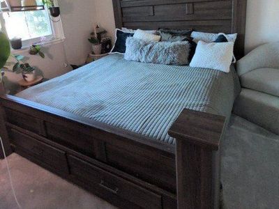 Dark Wood Storage Bed Frame with High Headboard and Footboard Drawers