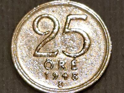 1948 Swedish 25 Ore .400 Silver Coin AU